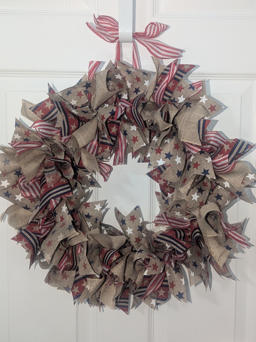 Patriotic Burlap Star & Stripe Wreath - Red, White & Blue